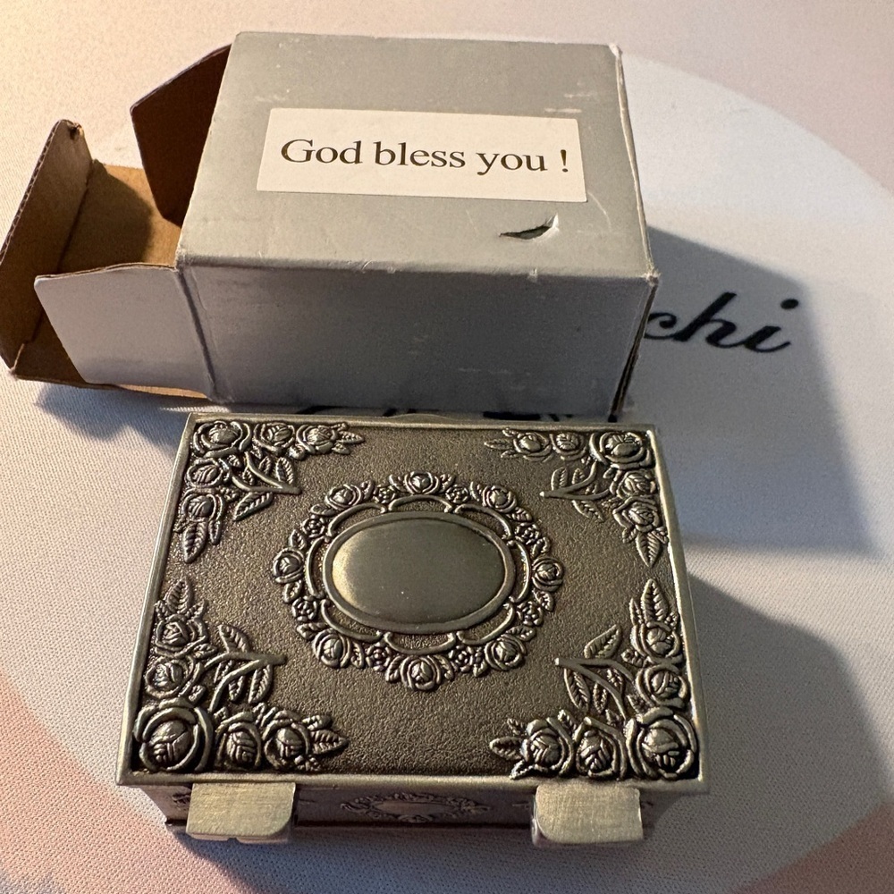 Ornate Silver-Tone Floral Trinket Box With Rosary Beads